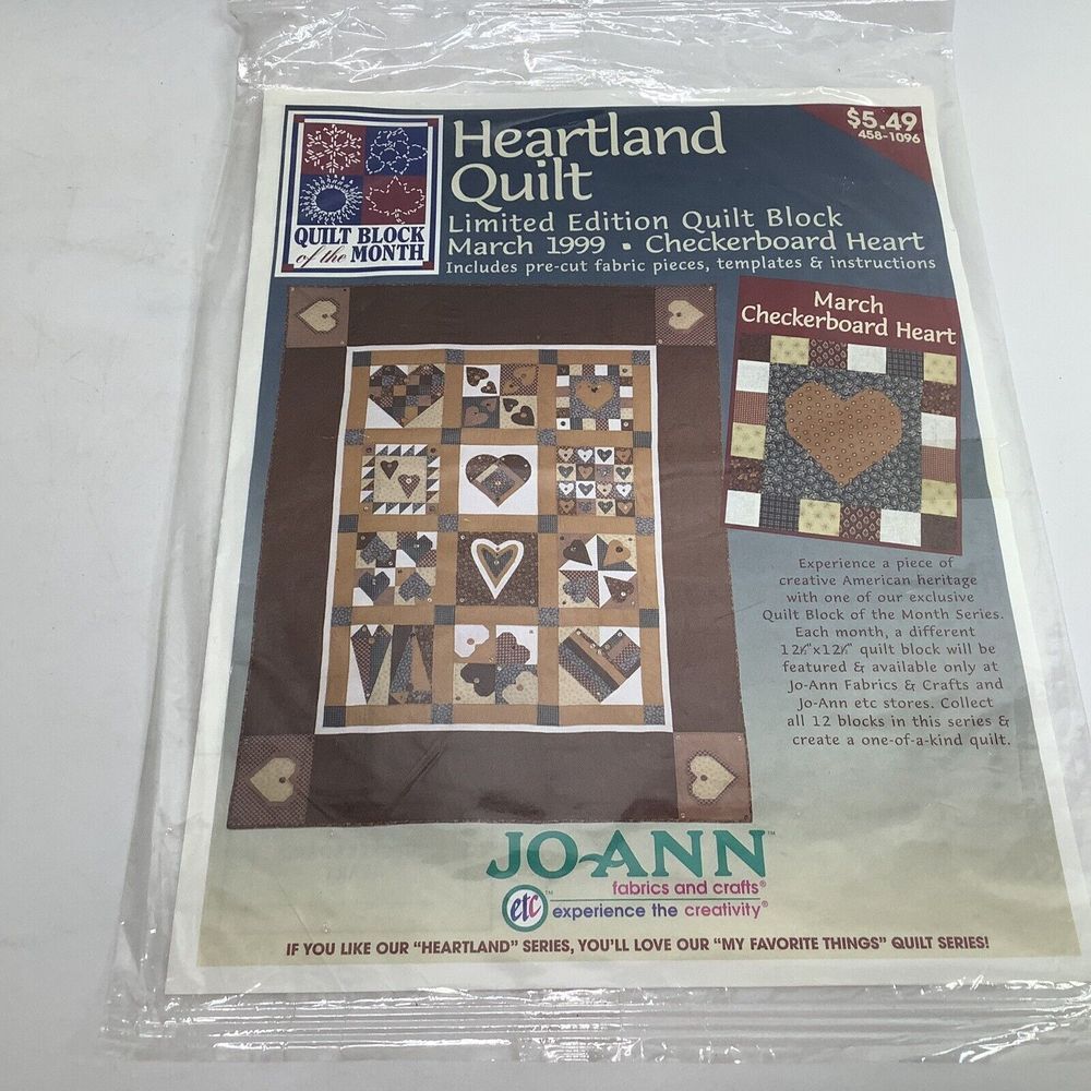 JoAnn Heartland Quilt Block Checkerboard Month March 1999 Heart Sealed new